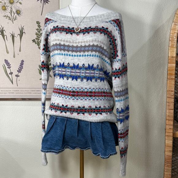 American Eagle Gray Fair Isle Off Shoulder Soft Sweater Whimsy Twee Y2k 2000s M - Picture 1 of 5